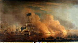Nocny atak francuskich brulotów na angielską flotę w porcie Quebec: przejęty przez Anglików 28.06.1759. Obraz. autorstwa Unknown artist
