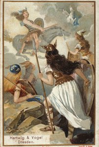 Mitologia nordycka: Walkyrie (dziewicze wojownicy) w Walhalli (lub Walhalla, Walhalla, Walhalle: miejsce, w którym sprowadzani są dzielni wojownicy) i upadek wojowników w bitwie. chromolitografia z XIX wieku autorstwa Unknown artist