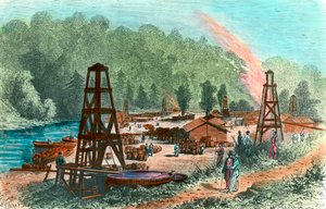 Szyby naftowe w Tarr Farm w Pensylwanii, USA. Rycina XIX wieku. Prywatna kolekcja autorstwa Unknown artist