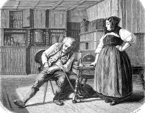 Stary człowiek w gospodzie we Francji, szuka w kieszeni pieniędzy na opłacenie rachunku autorstwa Unknown artist