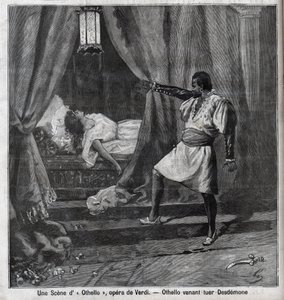 Otello właśnie zabił Desdemonę w swoim łóżku. Scena opery „”Otello”” Giuseppe Verdi (1813-1901) Grawerowanie w „”Le Parisien”” autorstwa Unknown artist