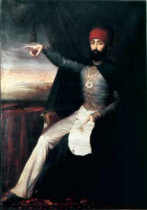 Imperium Osmańskie: Portret sułtana Mahmuda II (1784-1839)”” Jest to reprezentatywne wskazujące palcem może być wskazanie rozkazu rzezi zakonu janczarów. Anonimowy obraz olejny. 1808-1839 Stambuł, Muzeum Topkapi Sarayi, Turcja autorstwa Unknown artist