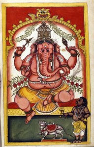 Strona przedstawiająca hinduskiego bóstwa Ganesha (Ganesh lub Ganapati), patrona handlarzy, podróżników i złodziei. Strona zaczerpnięta z rękopisu (ms.8300) „Historia Mogol” (Moghul lub Moghol) autorstwa Stefano Nivibus Cardeira. 18 wiek. Bibloteca marcian autorstwa Unknown artist