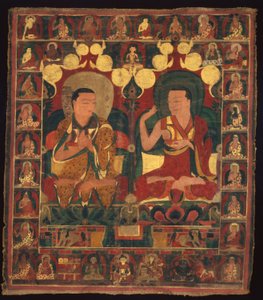 Malowany sztandar (Thangka) przedstawiający linię przekazu dwóch lamów podczas debaty autorstwa Unknown artist