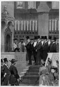 Paryż 1890: urząd Zadoca Kahna (Zadoc-Kahna) (1839-1905) wielkiego rabina Francji. Monsieur Alphonse de Rothschild (1827 -1905) odczytujący kolejność nominacji. autorstwa Unknown artist