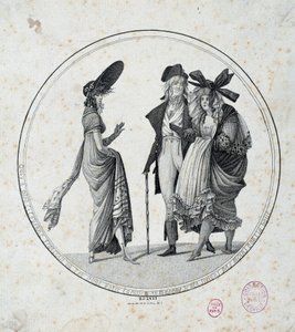Moda paryska: „Niesamowite i cudowne” Grawerowanie z 1795 r. Paryż, Musee Carnavalet autorstwa Unknown artist