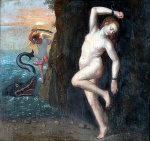 Persee et Andromede - Perseusz i Andromeda par Anonymous, ca. 1600 - Olej na drewnie, 62x65,4 - Ptuj Ormo_ Muzeum Regionalne autorstwa Unknown artist