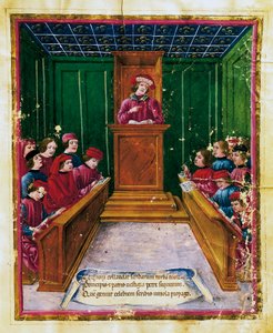 Pietro da Unzola wykłada tekst prawniczy studentom podczas wykładu prawniczego na Uniwersytecie Bolońskim, Miniatura z rękopisu Liber iurium et privilegiorum notariorum Bononiae, Włochy autorstwa Unknown artist