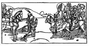 Papież Leon I spotyka Attylę i zatrzymuje go - Grawerowanie z „Leben der Heiligen - sommerteil” (Księga świętego) Jakuba (Jakuba) z Voragine (1228-1298). Lubeka 1488. autorstwa Unknown artist