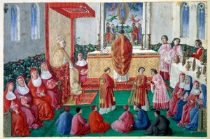Papież Sykstus IV (1414-1484) uczestniczy we Mszy Świętej w Kaplicy Sykstyńskiej w Watykańskim Miniaturowym decoupee z XV wieku. Słońce 0,1x0,16 m Chantilly, musee Conde autorstwa Unknown artist