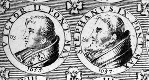 Papieże Wiktor II (lub Wiktor 2 zm. 1057) i Stefan IX (lub Stefan 9 zm. 1058). Rycina z XVIII wieku. autorstwa Unknown artist