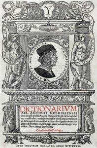 Portret Antonio Martineza de Cala powiedział Antonio de Nebrija (1441-1522) hiszpański humanista i gramatyk. Strażnica jego słownika, wydana w 1536 r. Biblioteka Narodowa Madrytu. autorstwa Unknown artist