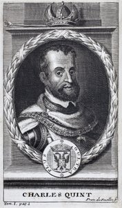 Portret Karola V (1500-1558), króla Hiszpanii i Ameryki hiszpańskiej, króla Sycylii i cesarza germańskiego Świętego Cesarstwa Rzymskiego (1519-1556). Grawerowanie ilustrujące „Historię wojny o Flandrię” Flamianusa Strady, wydanie Joseph T