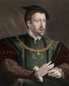Portret cesarza Karola V (1500-1558) z naszyjnikiem Orderu Złotego Runa - Karol V (1500-1558) noszący na szyi łańcuch Orderu Złotego Runa - rycina - XIX wiek autorstwa Unknown artist