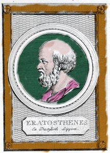 Portret Eratostene z Cyreny (ok. 284 pne - 194 pne), grecki naukowiec, geograf i poeta. Był dyrektorem biblioteki aleksandryjskiej i obliczył pomiar południka ziemskiego. Portret później: „Galleria degli antichi greci e romani” autorstwa Unknown artist