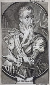 Portret Ferdynanda Alvare de Toledo (1507-1582), trzeciego księcia Alby, wielkiego Hiszpanii, księcia Huescar, markiza Korei, hrabiego Salvatierra, wicekróla Neapolu, Włoch i gubernatora Holandii. Grawerowanie ilustrujące „Historia t autorstwa Unknown artist
