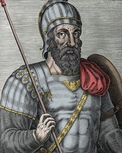 Portret Godfreya z Bouillon (Godefroy de Bouillon) (1040/61-1100), rycerza frankońskiego, jednego z przywódców pierwszej krucjaty - Rycina XVI wiek autorstwa Unknown artist