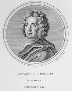 Portret włoskiego kompozytora barokowego i wiolonczelisty Giovanniego Battisty Bononciniego (1670-1747) Grawer. 18 wiek. Bolonia, obywatelskie muzeum bibliograficzne autorstwa Unknown artist