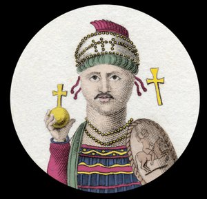 Portret Justyniana I (Wielkiego) (Flavius Petrus Sabbatius Justinianus) (482-565). Cesarz rzymski Orientu. Rycina XIX wieku. autorstwa Unknown artist