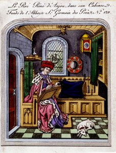 Portret króla Rene z Anjou (1409-1480)”” nazywa również Rene I z Neapolu lub Rene z Sycylii, w swoim gabinecie - grawerowanie po miniaturze autorstwa Unknown artist
