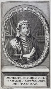 Portret Małgorzaty Parmeńskiej (lub Małgorzaty Austriackiej) (1522-1586), księżnej Parmy i Piacenzy, naturalnej córki Karola V (1500-1558) i guwernantki Holandii (Holandia) z lat 1559-1581. Grawerowanie ilustrujące „Historia wojny pod Fla autorstwa Unknown artist