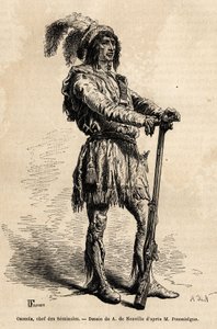 Portret Osceoli (1804-1838), przywódcy seminoles, stojącego na czele indyjskiego ruchu oporu przeciwko Stanom Zjednoczonym podczas wojny na Florydzie (1835-1842). Grawer ilustrujący historię czterech miesięcy na Florydzie, autorstwa Achille Pousselgue w la autorstwa Unknown artist