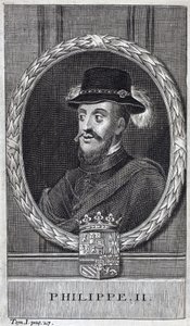Portret Filipa II Hiszpańskiego (Felipe) (1527-1598), króla Hiszpanii i Portugalii. Grawerowanie ilustrujące „Historię wojny o Flandrię” Flamianusa Strady, wydanie Joseph T
