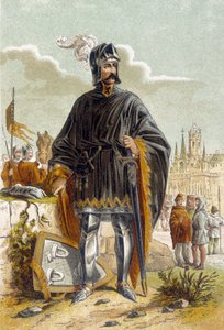 Portret Philipa van Artevelde (1340-1382), flamandzkiego polityka i przywódcy buntu tkaczy z Gandawy przeciwko hrabiemu Ludwikowi II Flandrii znanemu jako Ludwik de Male lub Maele (1381). Został pokonany i zabity w bitwie pod Rozebeke (1382). Chromo autorstwa Unknown artist
