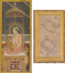 Pośmiertny portret cesarza Jahangira pod baldachimem (recto); Kaligrafia (verso) autorstwa Unknown artist