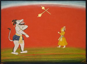 Pradyumna i Samvara Walka z Maxem: Liść z „Wielkiej Basohli Bhagavata Purany” autorstwa Unknown artist