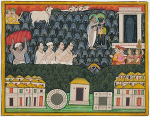 Pratham Milan, Shrinathji objawiający się Vallabhacharyi na górze Govardhan autorstwa Unknown artist
