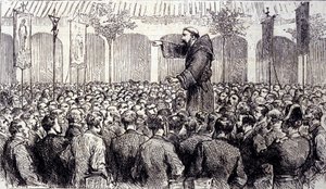 Poświęcenie mnicha kapucyńskiego dla pelerinów, którzy przybyli do Lourdes w Wysokich Pirenejach, gdzie Matka Boża objawiła się Bernadecie Soubirous (1844-1879) w 1858 r., obecnym miejscu pielgrzymek. Grawerowanie od 1877 autorstwa Unknown artist