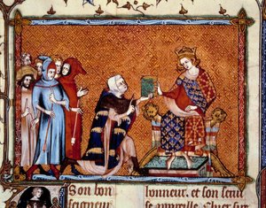 Prezentacja książki: Jean de Joinville (1224-1317) ofiarowuje swoją książkę Ludwikowi, królowi Nawarry, przyszłemu Ludwikowi X hutinowi. Miniatura w „”Vie de Saint Louis”” autorstwa Unknown artist