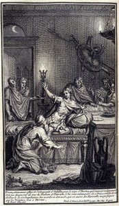 Priam, bardzo dotknięty bestialstwem Achillesa, o ciało Hectora, które trzy razy dziennie ciągnął wokół grobu Patroklesa, przychodzi ponownie go zapytać. I ten książę, dotknięty swoim bólem i upokorzeniem, spełnia jego prośbę, która… autorstwa Unknown artist