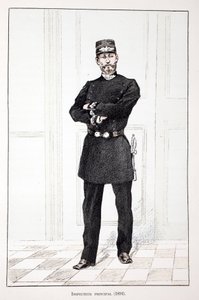 Główny Inspektor (1894). Akwaforta w kolorach, dla ilustracji „Historia korpusu sił pokojowych””” książka wydana pod auspicjami Louisa Lepine’a (1846-1933) prefekta policji nad Sekwaną, autorstwa Alfreda Reya (1864-?) i Louisa Ferona (1862) -?) autorstwa Unknown artist