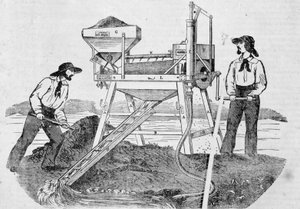 Pub „The Fortune, Company of the Gold Mines of California””: zdjęcie przedstawiające dwóch poszukiwaczy złota pracujących w pralkach i mieszających złoto – w „Charivari” z 25 czerwca autorstwa Unknown artist