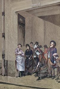 Deszczowa pogoda, ludzie stojący pod dachem i czekający, aż przestanie padać, obraz A. Belleta autorstwa Unknown artist