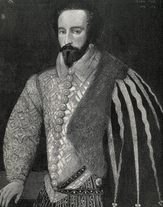 Raleigh, sir Walter (1554-1618). Angielski żeglarz, odkrywca i makler. Portret Sir Waltera Raleigha. Wygrawerowany w 1891 roku, wykonany na podstawie anonimowego oryginału zachowanego w National Portrait Gallery w Londynie. Rycina. autorstwa Unknown artist