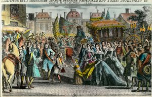 Przyjęcie hiszpańskiej infantki Marii Anny Victoire (1718-1781) przez króla Ludwika XV w Paryżu w Luwrze w dniu 2 marca 1722 roku. Mariana Victoria de Borbon została zaręczona w wieku 3 lat z Ludwikiem XV w wieku 11 lat. XVIII wiek. Prywatna kolekcja autorstwa Unknown artist