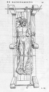 Redukcja złamań: mężczyzna jest umocowany na noszach, złamana ręka wyciągnięta między dwie osie. Talerz ilustrowany „De dissectione partium corporis humani lbri tres...” autorstwa Carlo Stefano Riverio, Paryż 1545. autorstwa Unknown artist