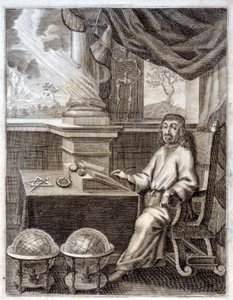 René Descartes (1596 - 1650) w swoim gabinecie ze sprzętem naukowym. Rycina z XVII wieku. autorstwa Unknown artist