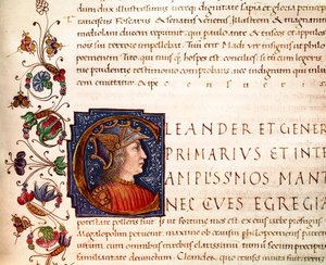 Przedstawienie Aleksandra Wielkiego (356-323 p.n.e.) króla Macedonii Miniatura zaczerpnięta z „”Paraleli wybitnych ludzi””” z Plutarcha (46-125 ne) (MS. XV. 1) XV wiek. Cesena, Biblioteca Malatestiana autorstwa Unknown artist