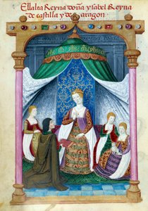 Reprezentacja królowej Izabeli Portugalskiej Izabeli Aragońskiej (1271-1336) w otoczeniu jej towarzyszy i Pedro Marcuello, który ofiarowuje jej książkę. Strona rękopisu zaczerpnięta z „”Zbioru kultu królowej Joanny Folle (1479-1555) Hiszpanii”” autorstwa autorstwa Unknown artist