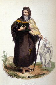 Reprezentacja św. Antoniego Wielkiego, egipskiego anachoreta (251 - 356), twórcy chrześcijańskiej eremityzmu i św. Pawła z Teb (poprzedziłby św. Antoniego w Tebajdzie). Rycina XIX wieku. autorstwa Unknown artist