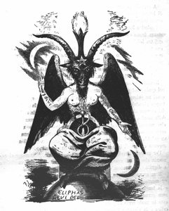 Przedstawienie Bafometa: potwór z kozią głową i kobiecym ciałem z alchemicznymi cytatami na ramionach „solve” i „coagula”, liściaste między nogami i pentagramem na czole. Diabeł Eliphasa Levi (Alphonse Louis (Alphonse Lo autorstwa Unknown artist