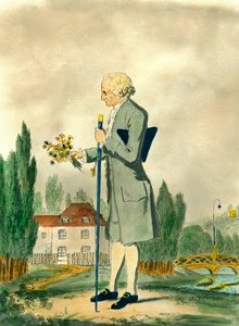 Reprezentacja szwajcarskiego filozofa Jeana Jacquesa Rousseau (1712-1778) zbierającego kwiaty w Ermenonville. Rycina z XVIII wieku. Prywatna kolekcja. autorstwa Unknown artist