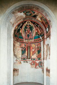 Przedstawienie Matki Boskiej z Dzieciątkiem w otoczeniu Trzech Króli. Fresk z centralnej absydy kościoła Santa Maria in Taull. Około 1123. Barcelona. Narodowe Muzeum Sztuki Katalonii autorstwa Unknown artist
