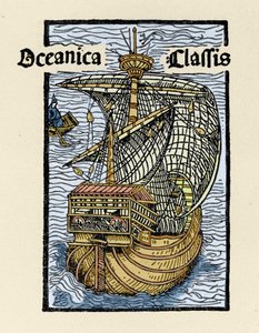 Reprezentacja karaweli Santa Maria przez Krzysztofa Kolumba (1451-1506). Rycina z „De insulis in mare Indico super inventis”, Bale 1493-1494 (łaciński przekład raportu Kolumba do króla Hiszpanii). autorstwa Unknown artist