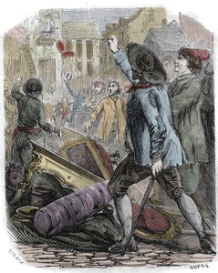 Zamieszki Reveillon miały miejsce w dniach 26-29 kwietnia 1789 r. - Rewolucja francuska: sprawa Reveillon - „”Plądrowanie fabryki papintów Jean Baptiste de Reveillon le 28 kwietnia 1789”” Paryskie zamieszki splądrowały fabrykę zlokalizowaną przy rue du Fau autorstwa Unknown artist