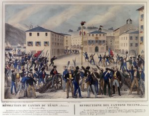 Rewolucja kantonu Ticino w Szwajcarii 5 grudnia 1859 r. Rycina XIX wieku. autorstwa Unknown artist